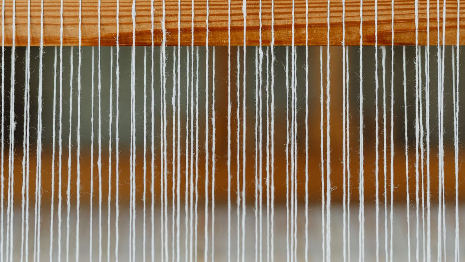 Warp threads strung across a loom, lit warm
